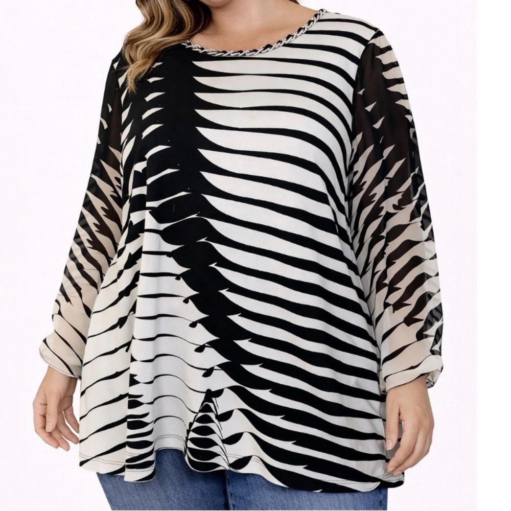 Alfani women's blouse top black/white chain neckline slinky stretch SZ 1XL